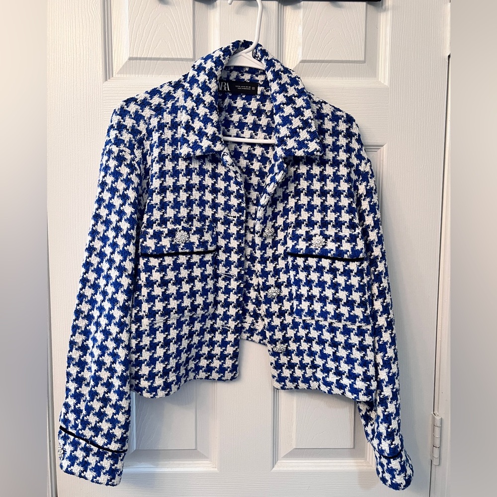 Zara Blue and White Houndstooth Blazer